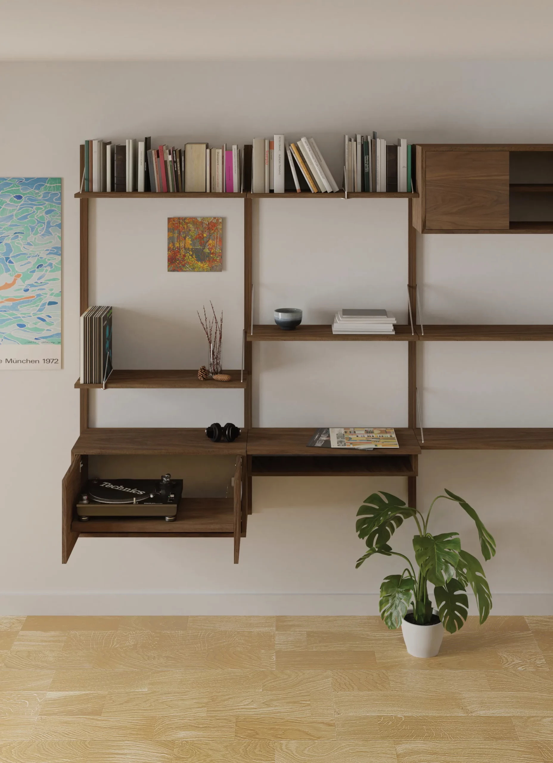 The Modeller shelf system inspired by mid-century modern designs: Cado Royal System and Vitsoe 606 Universal shelving. New hardware handmade sustainably